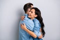 Sweetheart dear profile side photo handsome casual fashionable modern guy girl are meeting getting warm hugs closing