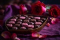 Sweethearts Delight - A Tray of Heart-Shaped Chocolates in a Pink Box Surrounded by Red Rose Petals on a Purple Background. Royalty Free Stock Photo