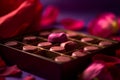 Sweethearts Delight - A Tray of Heart-Shaped Chocolates in a Pink Box Surrounded by Red Rose Petals on a Purple Background. Royalty Free Stock Photo