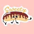 Sweetie sticker. eclair with chocolate icing. Bakery logo. Vector illustration of bakery and pastry.Eclair cartoon character Royalty Free Stock Photo