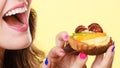 Closeup woman eating fruit cake sweet food Royalty Free Stock Photo