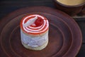 Sweetness joy, pie for joy, delicious pie, baking mini cake, round pie raspberry on ceramic plate