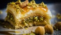 Sweets arabic dessert baklava, warbat , kunafa, kadayif with pistachio and cheese. Generative Ai