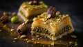 Sweets arabic dessert baklava, warbat , kunafa, kadayif with pistachio and cheese. Generative Ai