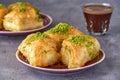 Sweets arabic dessert kunefe, kunafa, knafeh with pistachio and cheese Royalty Free Stock Photo