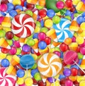 Sweets background with lollipop, candy corn and gumballs Royalty Free Stock Photo