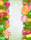 Sweets background with lollipop, candy, jelly beans, orange slice and pine tree Royalty Free Stock Photo