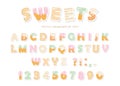 Sweets bakery font design. Funny latin paper cutout alphabet letters and numbers made of ice cream, chocolate, cookies Royalty Free Stock Photo