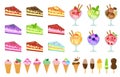 Sweets big set icons, cake and ice cream, cheesecake, dessert in a glass cup, cartoon style. Cakes of different tastes Royalty Free Stock Photo