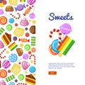 Sweets. Biscuits cakes chocolate and caramel candies wrapped and colored textile design on light background