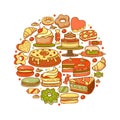 Sweets, biscuits, confectionery, and bakery. Circle form vector illustration.