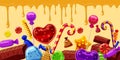 Sweets cakes banner horizontal line, cartoon style