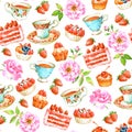 Sweets, cakes, teacups, bake, strawderries and flowers, hand painted watercolor illustration, seamless pattern Royalty Free Stock Photo