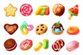 Sweets and candies. Cartoon colorful caramel lollipops and balls, chocolate cakes cookies and donuts. Vector macaroons Royalty Free Stock Photo