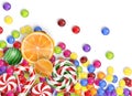 Sweets of candies with lollipop, orange juice, bubblegum on a white background