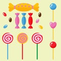 Sweets and candies sugar dessert caramel lollipop food icons set striped stick spiral holiday bonbon vector illustration