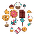 Sweets candy cakes icons set, cartoon style