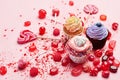 Sweets. Candy And Cupcakes On Pink Background