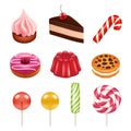 Sweets and candy pictures. Objects from sugar, dulce caramel candy and chocolate sweets vector illustrations isolate