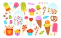 Sweets cartoon set muffin lollipop icecream pretzel chocolate kawaii party sweet food vector