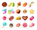 Sweets. Cartoon tasty desserts. Cookies and biscuit, jelly and candies. Yummy lollipop or macaroon. Sugary snacks