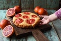 Sweets for children. Toddler hand reaching for homemade cake wit