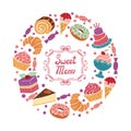 Sweets circle colorful background with cake, cupcake, bakery, donut, ice cream and candies.