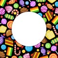 Sweets circle frame. Candies lollipop jelly and cakes in circle frame vector advertising concept with sweets cartoon