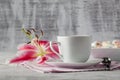 Sweets With Coffee And Lily Flower On Table