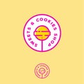 Sweets and cookies shop logo. Sweets store emblem. Yellow candy on a stick in a circle with letters.