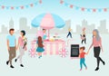 Sweets and cotton candy food cart flat illustration. Street market trolley. Outdoor confectionery, bakery. People walk summer fair