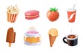 Sweets 3D icons set. Sweet dessert, strawberry, cute cake, ice cream, chocolate, coffee, macaroon, popcorn. Tasty food Royalty Free Stock Photo