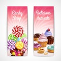 Sweets and desserts banners collection with two vertical banners editable text and images of confectionery products vector