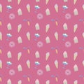 Sweets donut ice cream cupcake candy glossy colorful cute on a saturated bright pink background seamless vector pattern.