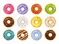 Sweets donuts sugar glazed. Vector fries pastry doughnut icons with holes on white background