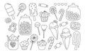 Sweets doodle set jelly bear spiral lollipop pretzel caramel party sweet food outline dessert vector