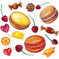 Sweets are drawn colorful illustrations with candies, macaroons, cherries and lollipops.