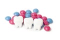 Sweets harm to teeth. Candy and teeth on white background Royalty Free Stock Photo