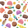 Sweets with hazelnuts. Nuts. Assorted chocolate dessert. Candy caramel wrapped. Seamless pattern. Flat background