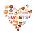 Sweets heart vector illustration with candies, cakes, bakery and pastry. Pastry dessert poster with sweets cake, cream Royalty Free Stock Photo