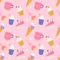 Sweets with hearts, cakes, ice cream, lollipops. Vector seamless pattern in flat style Royalty Free Stock Photo