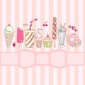 Sweets, ice cream, cakes, hand-drawn. Vector background.