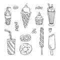 Sweets, ice cream, cakes, hand-drawn. Vector seamless background. Wallpaper.