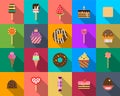 Sweets icons set in flat style with long shadow. Food set.