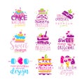 Sweets logo original design set, kids menu badges, natural organic food hand drawn vector Illustrations on a white Royalty Free Stock Photo