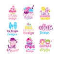 Sweets logo original design set, kids menu badges, premium natural organic food hand drawn vector Illustrations on a Royalty Free Stock Photo