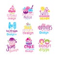Sweets logo original design set, kids menu badges, premium natural organic food hand drawn vector Illustrations on a Royalty Free Stock Photo