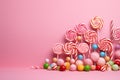 Sweets, lollipop, and candy canes on pink background, tempting treats