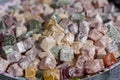 Sweets marmalade, turkish delight, bright multi-colored confectionery, close up. Background candied colorful fruit