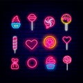 Sweets neon icon collection. Candy shop shiny logo. Cupcake. Cake pop and donut. Vector stock illustration